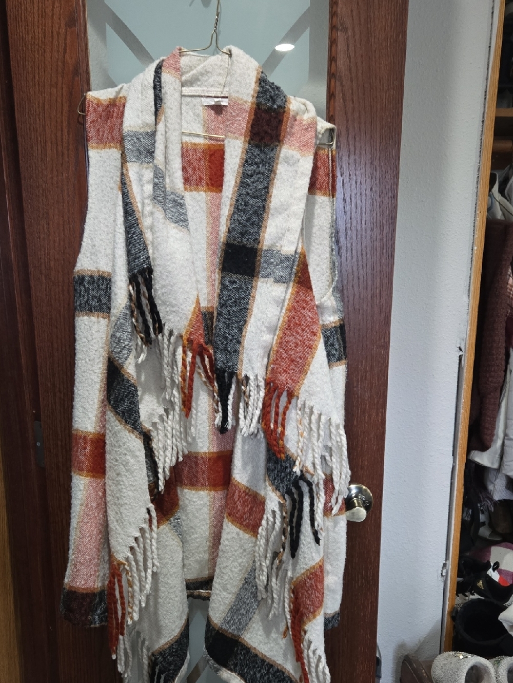 Maurices Cream Plaid Fringe Poncho with Rust & Charcoal Accents